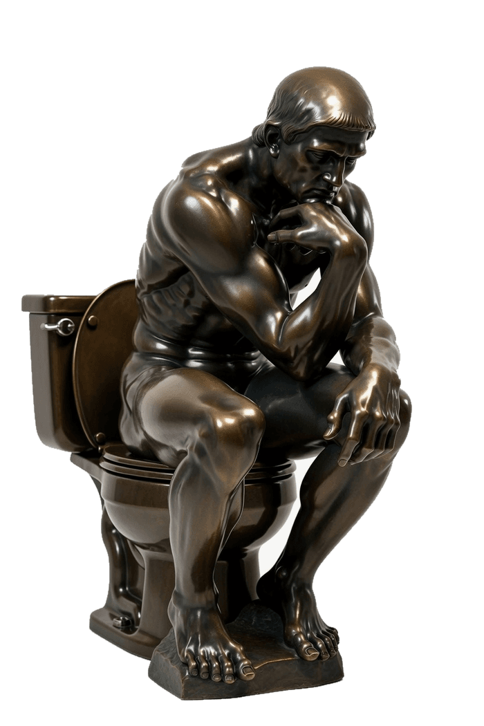 A bronze Thinker statue seated on a porcelain fixture.